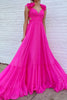 Load image into Gallery viewer, Hot Pink Flowers Tulle A Line V Neck Long Prom Dress