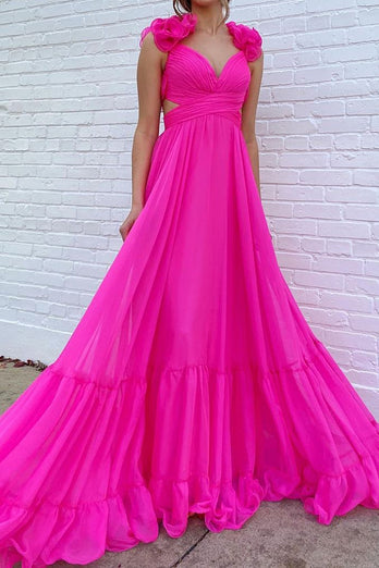 Hot Pink Flowers Tulle A Line V Neck Long Prom Dress