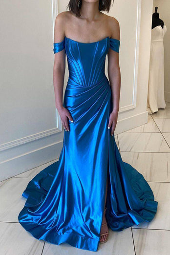 Corset Royal Blue Sparkly Pleated Prom Dress with Slit