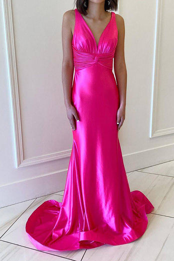 Hot Pink Sparkly Mermaid Pleated V Neck Prom Dress