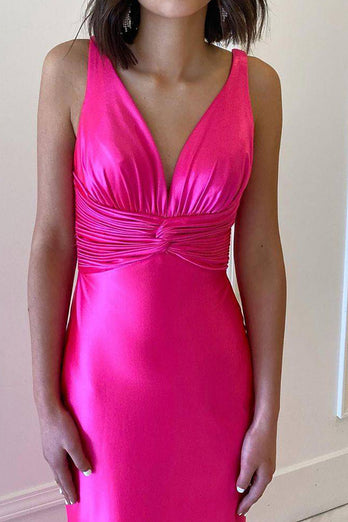 Hot Pink Sparkly Mermaid Pleated V Neck Prom Dress