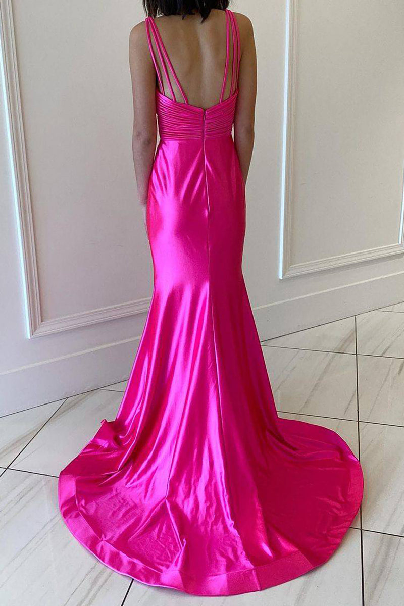 Load image into Gallery viewer, Hot Pink Sparkly Mermaid Pleated V Neck Prom Dress