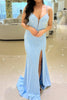 Load image into Gallery viewer, Light Blue Mermaid V Neck Beaded Prom Dress with Slit