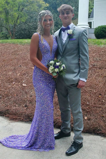 Sparkly Sequins Purple Mermaid Long Prom Dress