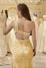 Load image into Gallery viewer, Golden Mermaid One Shoulder Sequin Long Prom Dress with Slit