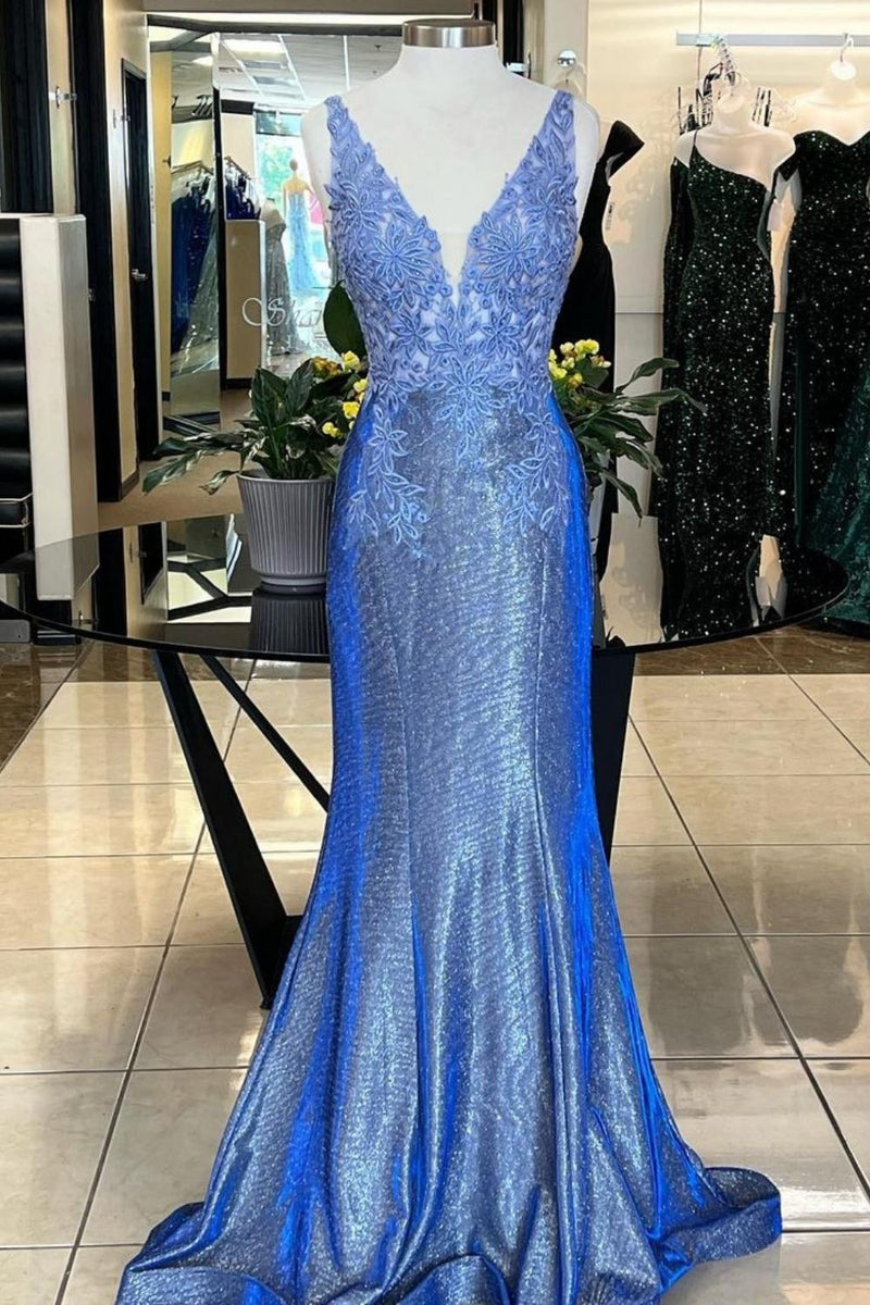 Load image into Gallery viewer, Blue V Neck Mermaid Appliques Sparkly Prom Dress