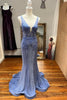 Load image into Gallery viewer, Blue V Neck Mermaid Appliques Sparkly Prom Dress