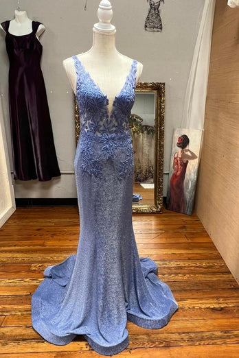 Blue V Neck Mermaid Appliques Sparkly Prom Dress