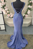 Load image into Gallery viewer, Blue V Neck Mermaid Appliques Sparkly Prom Dress