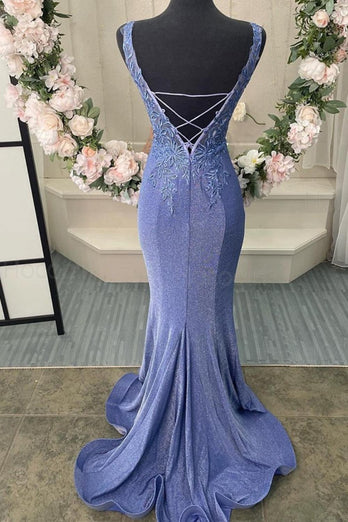 Blue V Neck Mermaid Appliques Sparkly Prom Dress