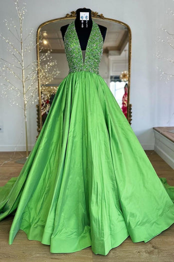 Green A Line Halter Beaded Long Prom Dress