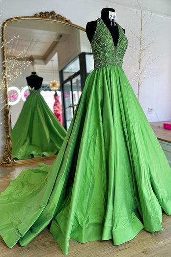 Green A Line Halter Beaded Long Prom Dress