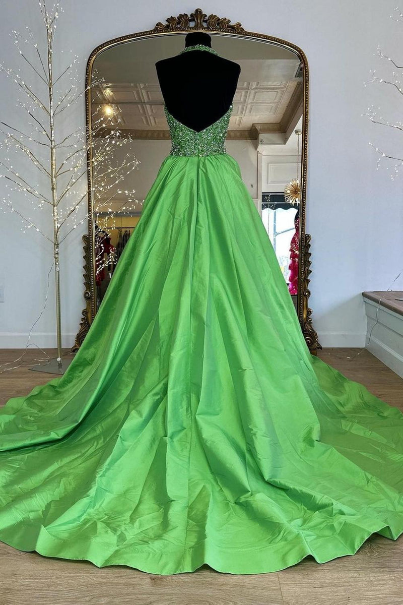 Load image into Gallery viewer, Green A Line Halter Beaded Long Prom Dress