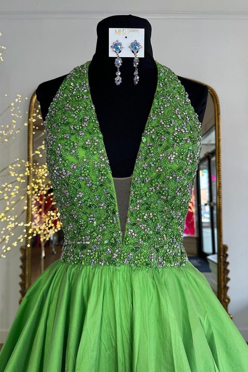 Load image into Gallery viewer, Green A Line Halter Beaded Long Prom Dress