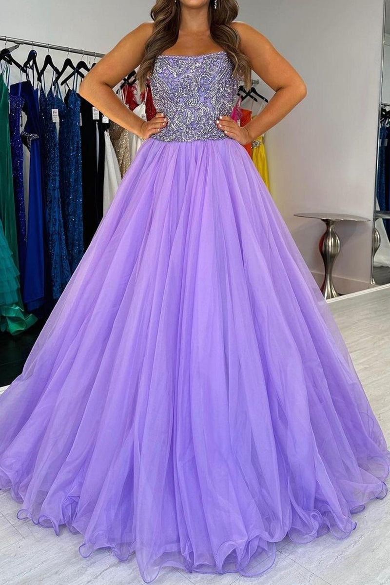 Load image into Gallery viewer, Purple Tulle Appliques A Line Prom Dress