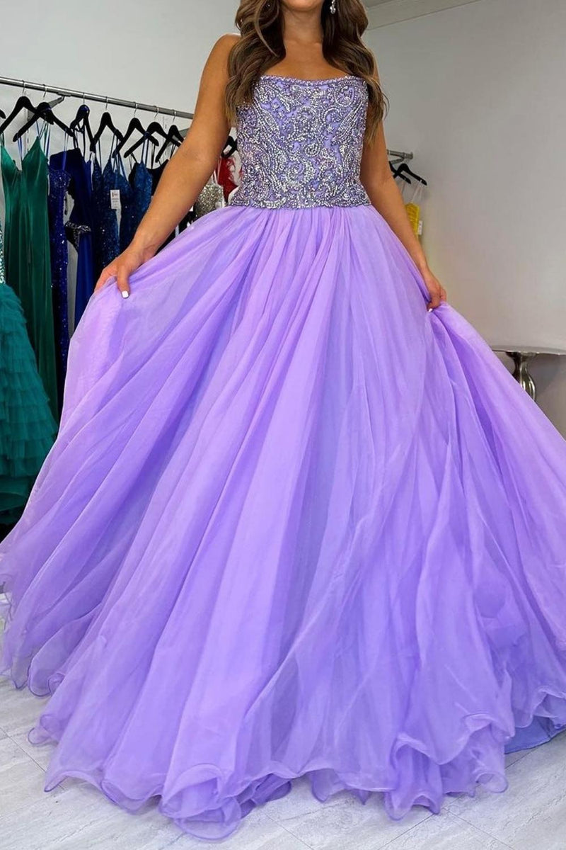 Load image into Gallery viewer, Purple Tulle Appliques A Line Prom Dress