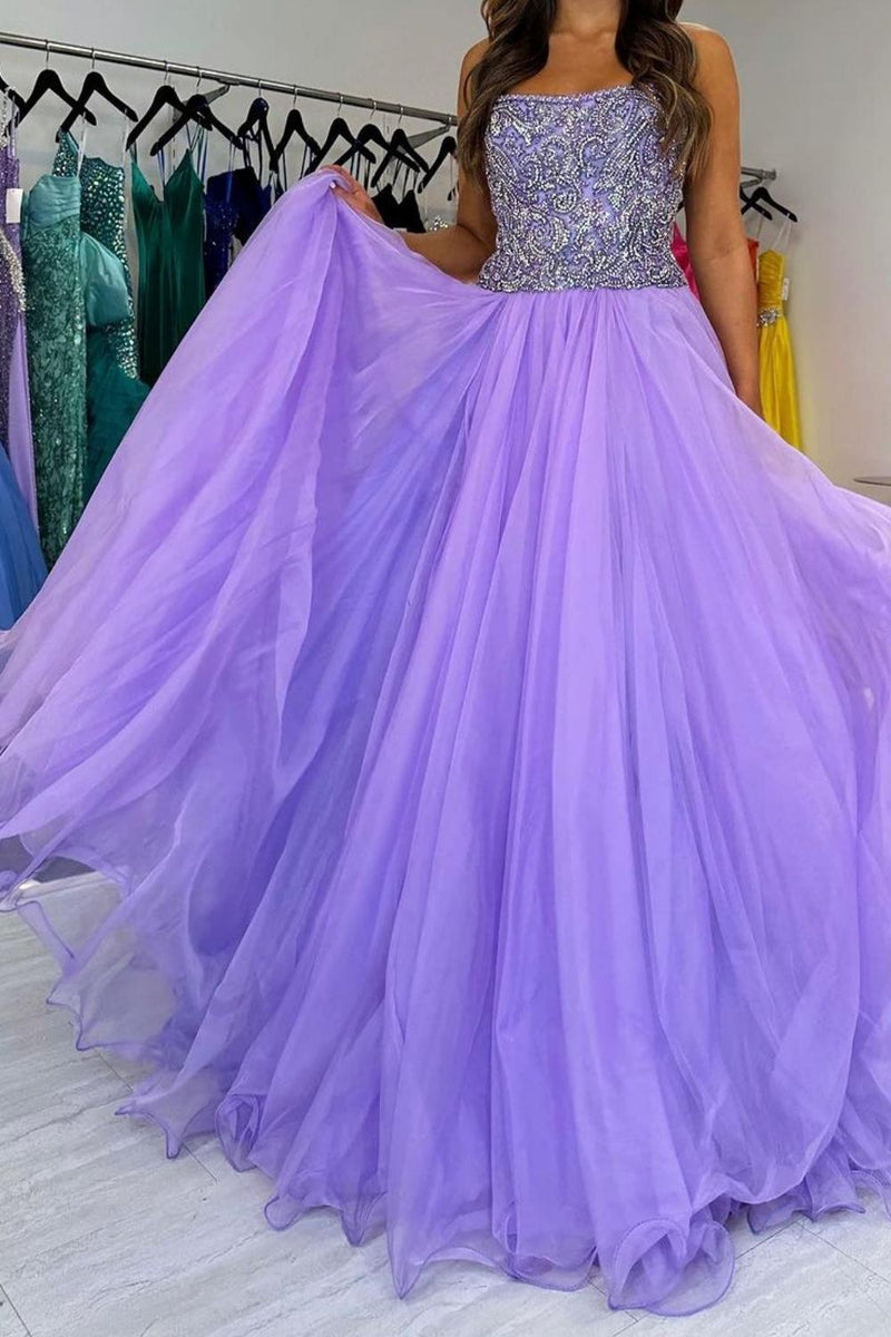 Load image into Gallery viewer, Purple Tulle Appliques A Line Prom Dress