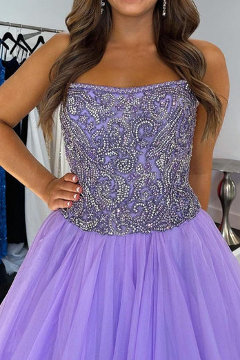 Purple Tulle Appliques A Line Prom Dress