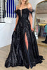 Load image into Gallery viewer, Black Sparkly A Line Cold Shoulder Prom Dress with Slit