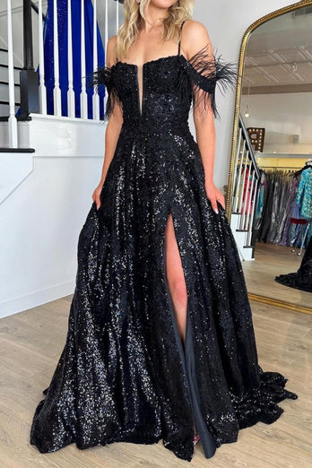 Black Sparkly A Line Cold Shoulder Prom Dress with Slit