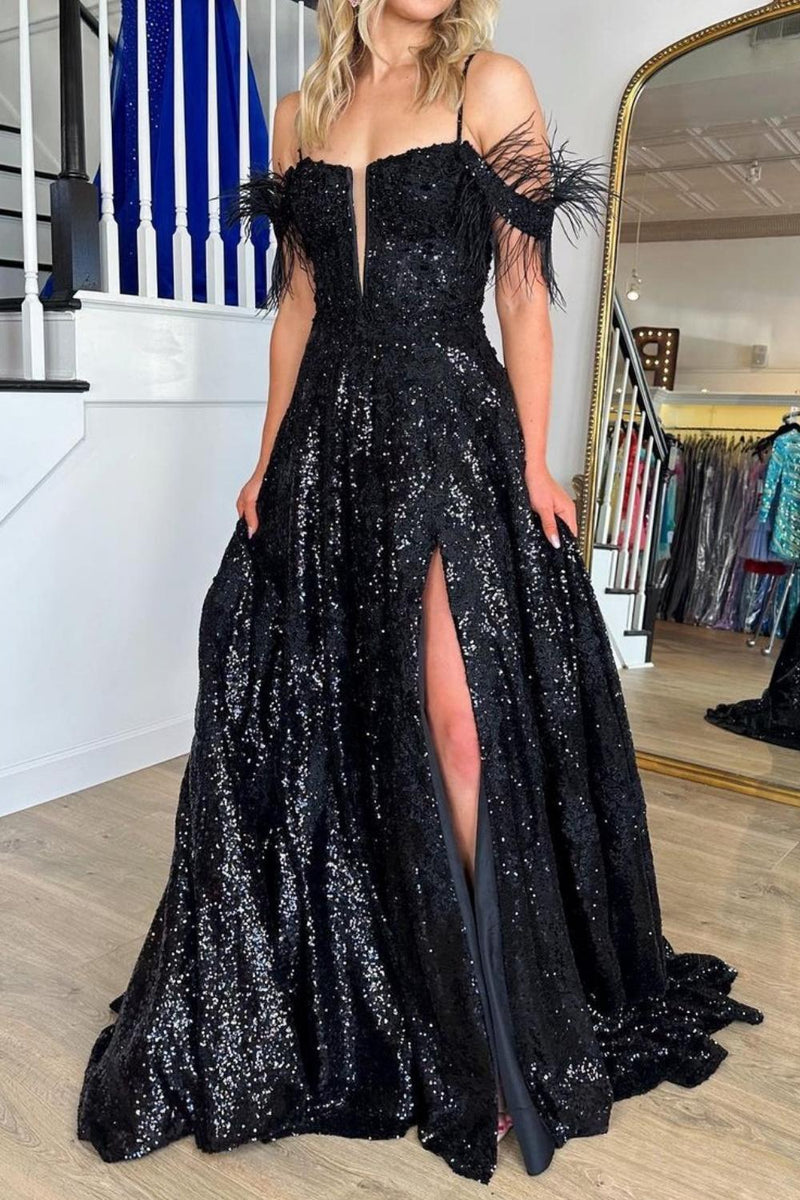 Load image into Gallery viewer, Black Sparkly A Line Cold Shoulder Prom Dress with Slit