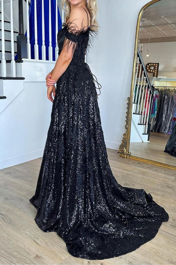 Black Sparkly A Line Cold Shoulder Prom Dress with Slit