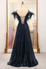 Load image into Gallery viewer, Black Spaghetti Straps A-Line Sequin Prom Dress With Feather