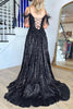 Load image into Gallery viewer, Black Sparkly A Line Cold Shoulder Prom Dress with Slit