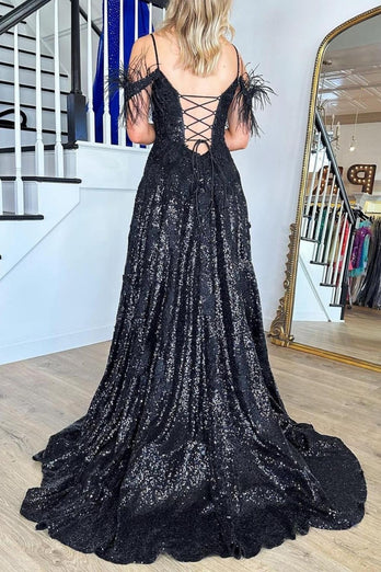 Black Sparkly A Line Cold Shoulder Prom Dress with Slit