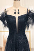 Load image into Gallery viewer, Black Spaghetti Straps A-Line Sequin Prom Dress With Feather