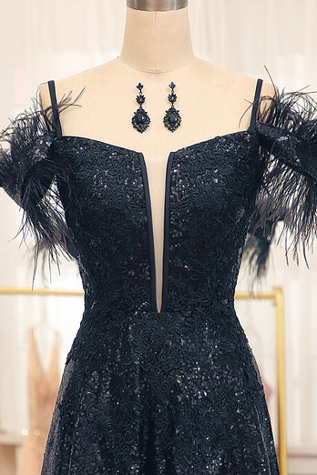 Black Spaghetti Straps A-Line Sequin Prom Dress With Feather