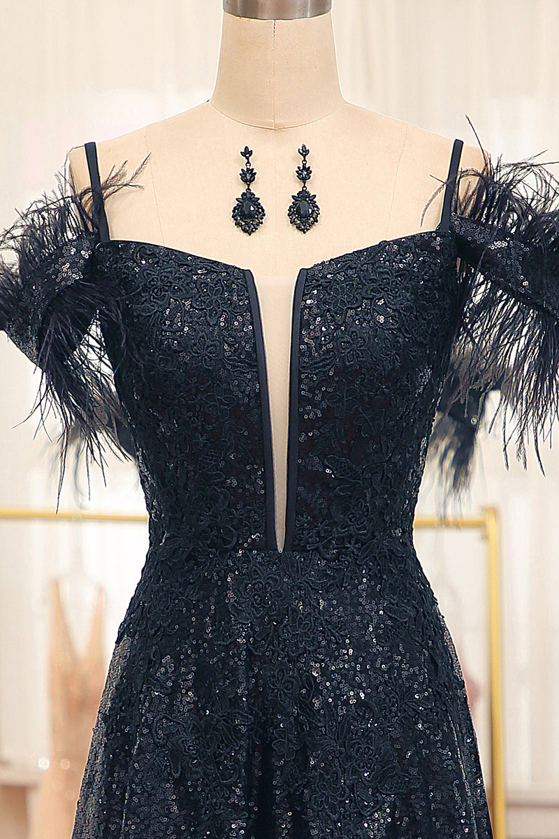 Load image into Gallery viewer, Black Spaghetti Straps A-Line Sequin Prom Dress With Feather