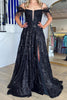 Load image into Gallery viewer, Black Sparkly A Line Cold Shoulder Prom Dress with Slit