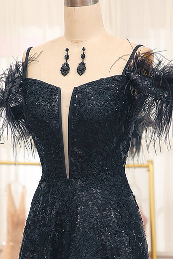 Black Spaghetti Straps A-Line Sequin Prom Dress With Feather