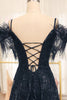 Load image into Gallery viewer, Black Spaghetti Straps A-Line Sequin Prom Dress With Feather