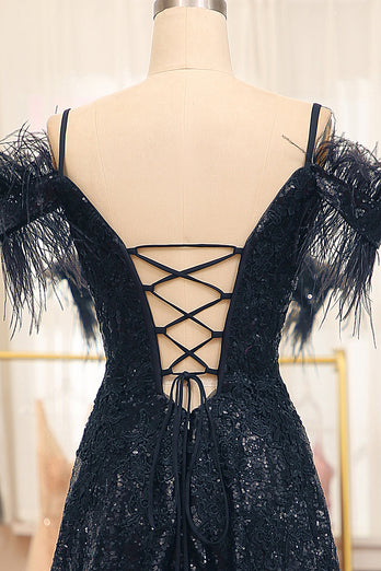 Black Spaghetti Straps A-Line Sequin Prom Dress With Feather