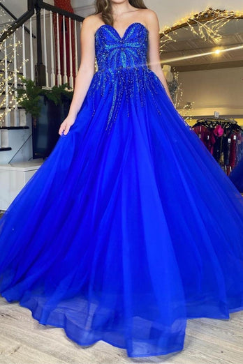 Royal Blue Tulle Sweetheart Appliques Prom Dress