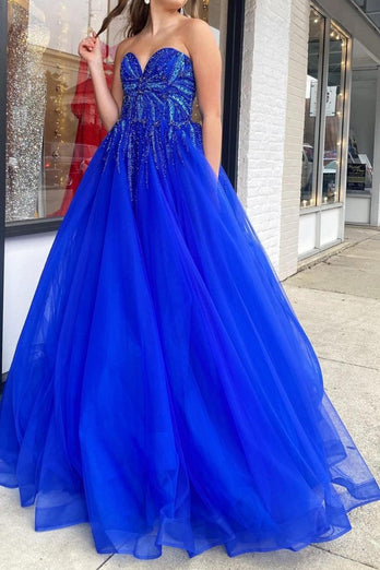 Royal Blue Tulle Sweetheart Appliques Prom Dress