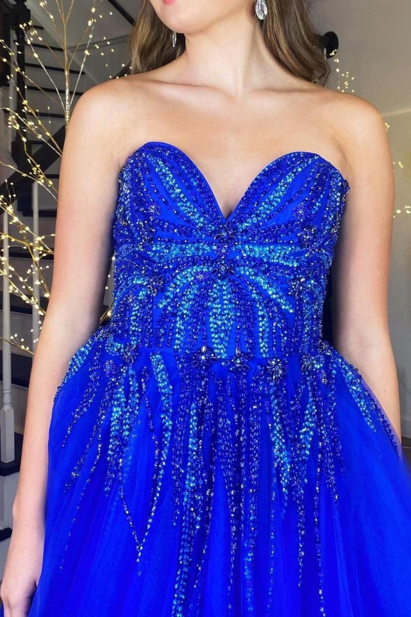 Load image into Gallery viewer, Royal Blue Tulle Sweetheart Appliques Prom Dress