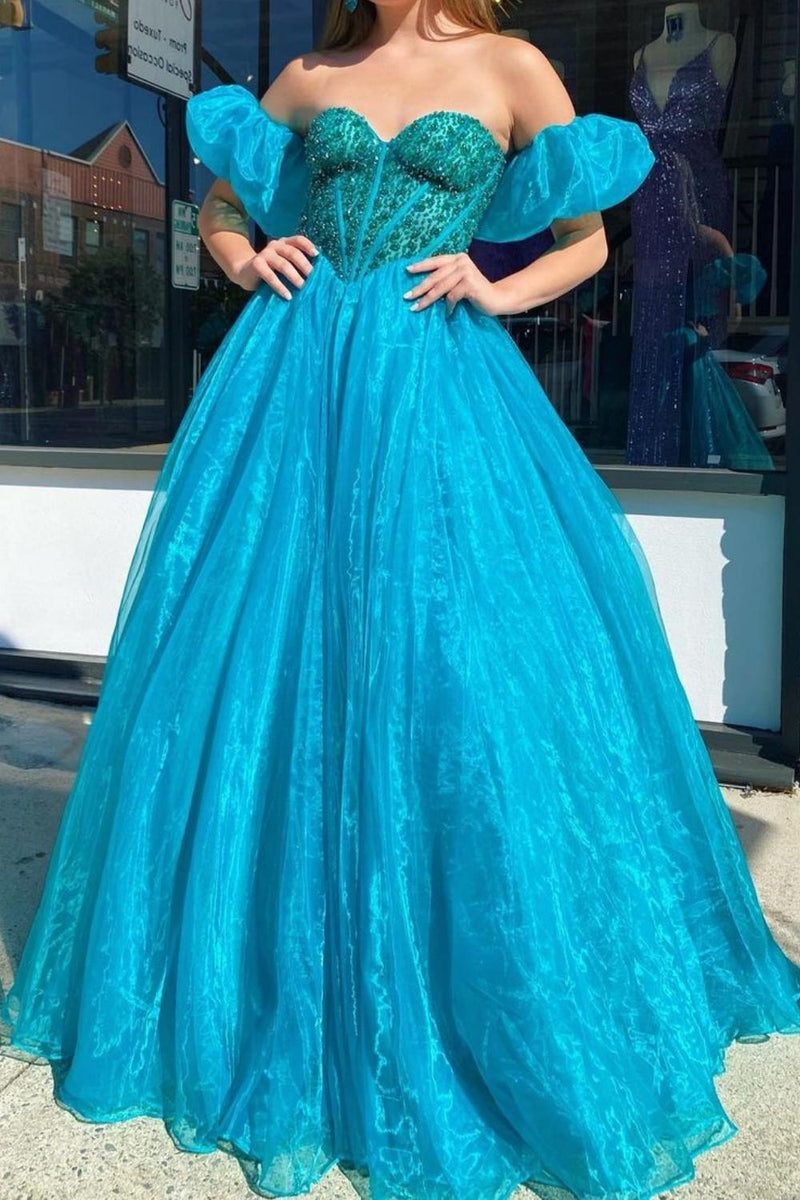 Load image into Gallery viewer, Peacock Green Corset Off the Shoulder A Line Tulle Prom Dress