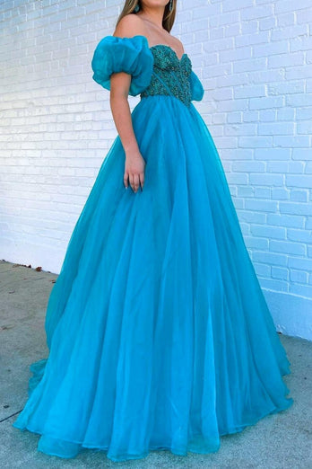 Peacock Green Corset Off the Shoulder A Line Tulle Prom Dress