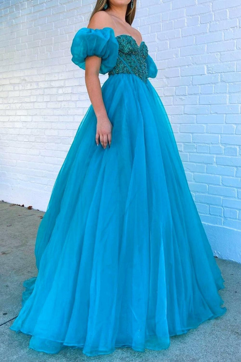 Load image into Gallery viewer, Peacock Green Corset Off the Shoulder A Line Tulle Prom Dress