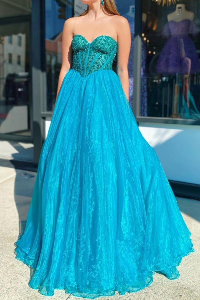 Load image into Gallery viewer, Peacock Green Corset Off the Shoulder A Line Tulle Prom Dress