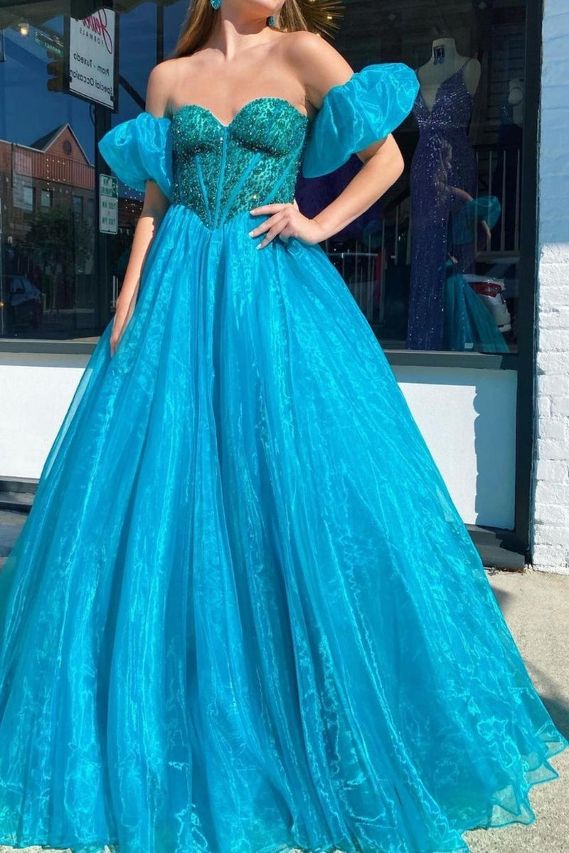 Load image into Gallery viewer, Peacock Green Corset Off the Shoulder A Line Tulle Prom Dress