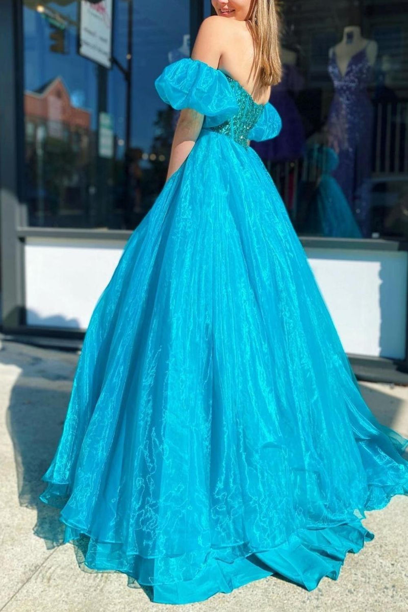 Load image into Gallery viewer, Peacock Green Corset Off the Shoulder A Line Tulle Prom Dress