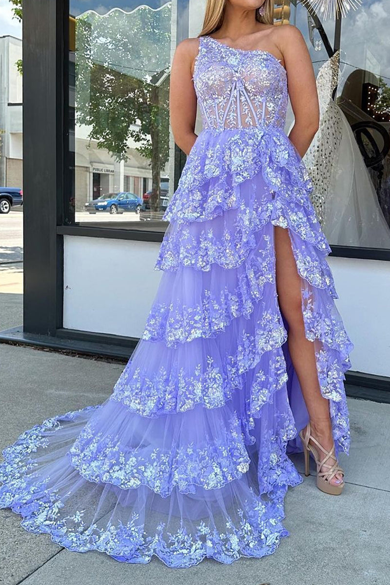 Load image into Gallery viewer, Light Purple Tiered Corset Appliques One Shoulder Prom Dress with Slit