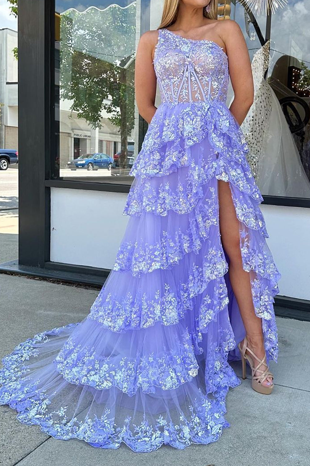 Light Purple Tiered Corset Appliques One Shoulder Prom Dress with Slit