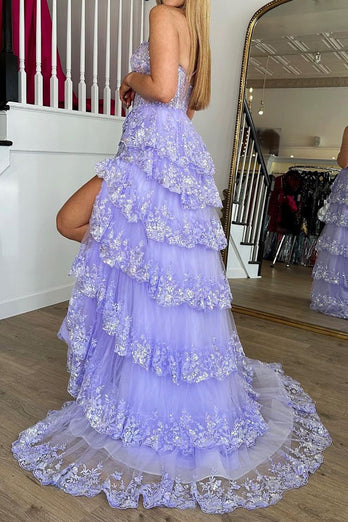 Light Purple Tiered Corset Appliques One Shoulder Prom Dress with Slit