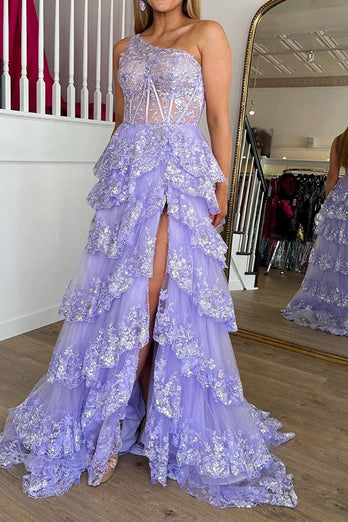 Light Purple Tiered Corset Appliques One Shoulder Prom Dress with Slit