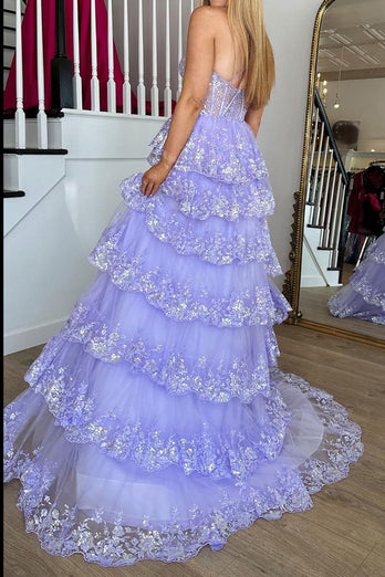 Light Purple Tiered Corset Appliques One Shoulder Prom Dress with Slit